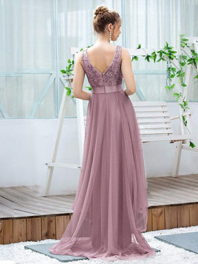 Color=Purple Orchid | Fashion High-Low Deep V Neck Tulle Evening Dresses With Sequin Appliques-Purple Orchid 2