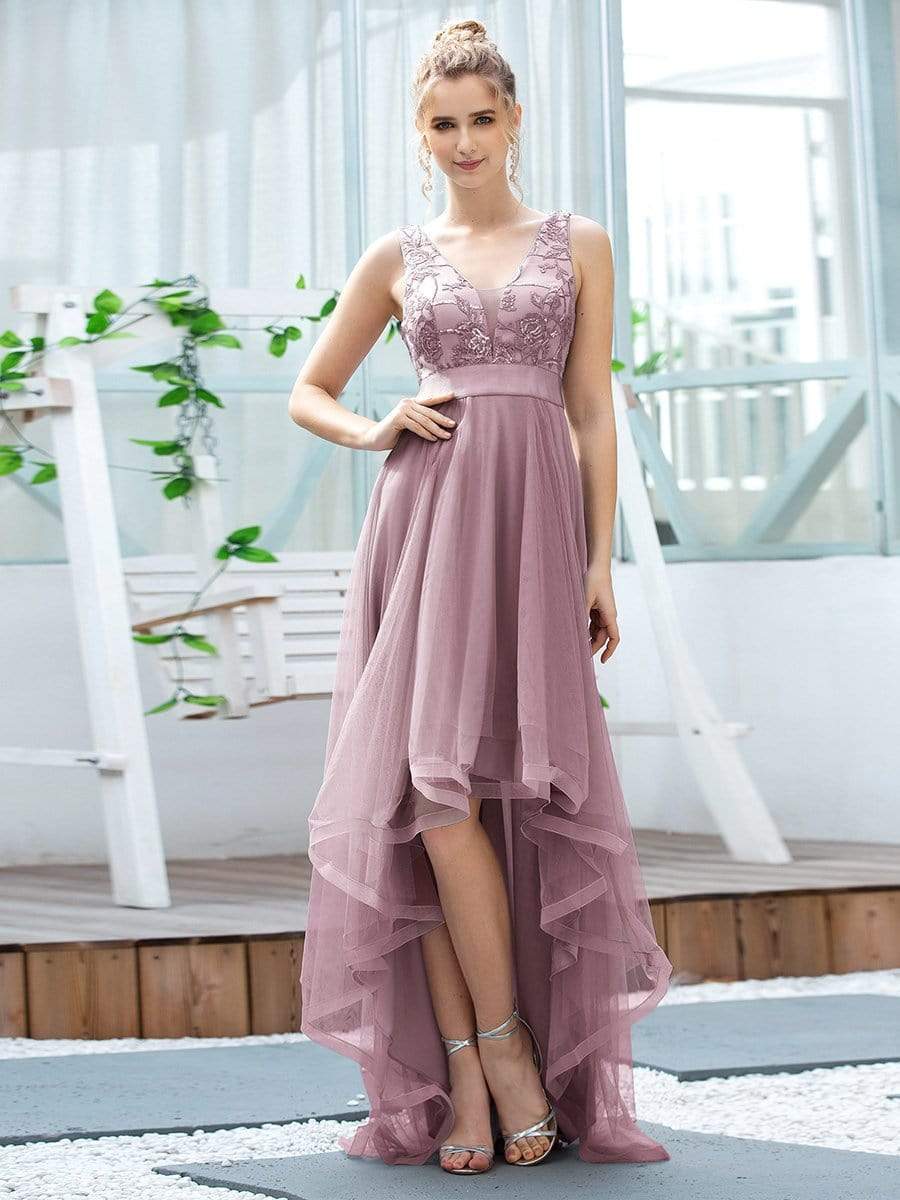Color=Purple Orchid | Fashion High-Low Deep V Neck Tulle Evening Dresses With Sequin Appliques-Purple Orchid 4
