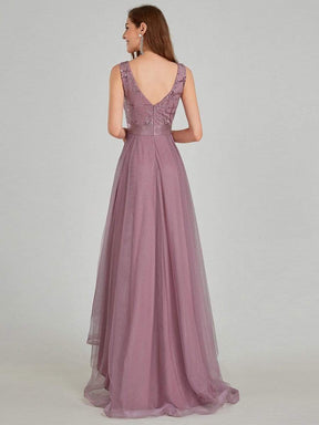Color=Purple Orchid | Fashion High-Low Deep V Neck Tulle Evening Dresses With Sequin Appliques-Purple Orchid 7