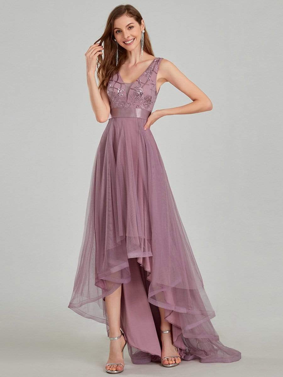 Color=Purple Orchid | Fashion High-Low Deep V Neck Tulle Evening Dresses With Sequin Appliques-Purple Orchid 8