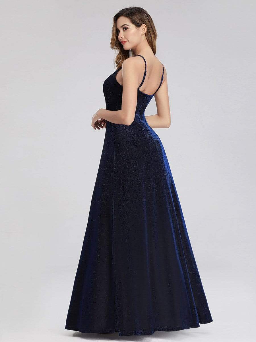 Color=Sapphire Blue | Sexy V-Neck Evening Party Dress With Spaghetti Straps-Sapphire Blue 2