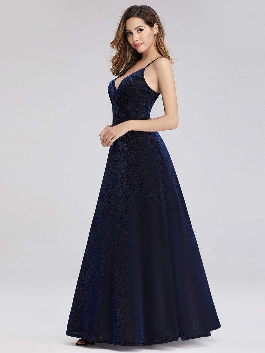 Color=Sapphire Blue | Sexy V-Neck Evening Party Dress With Spaghetti Straps-Sapphire Blue 3