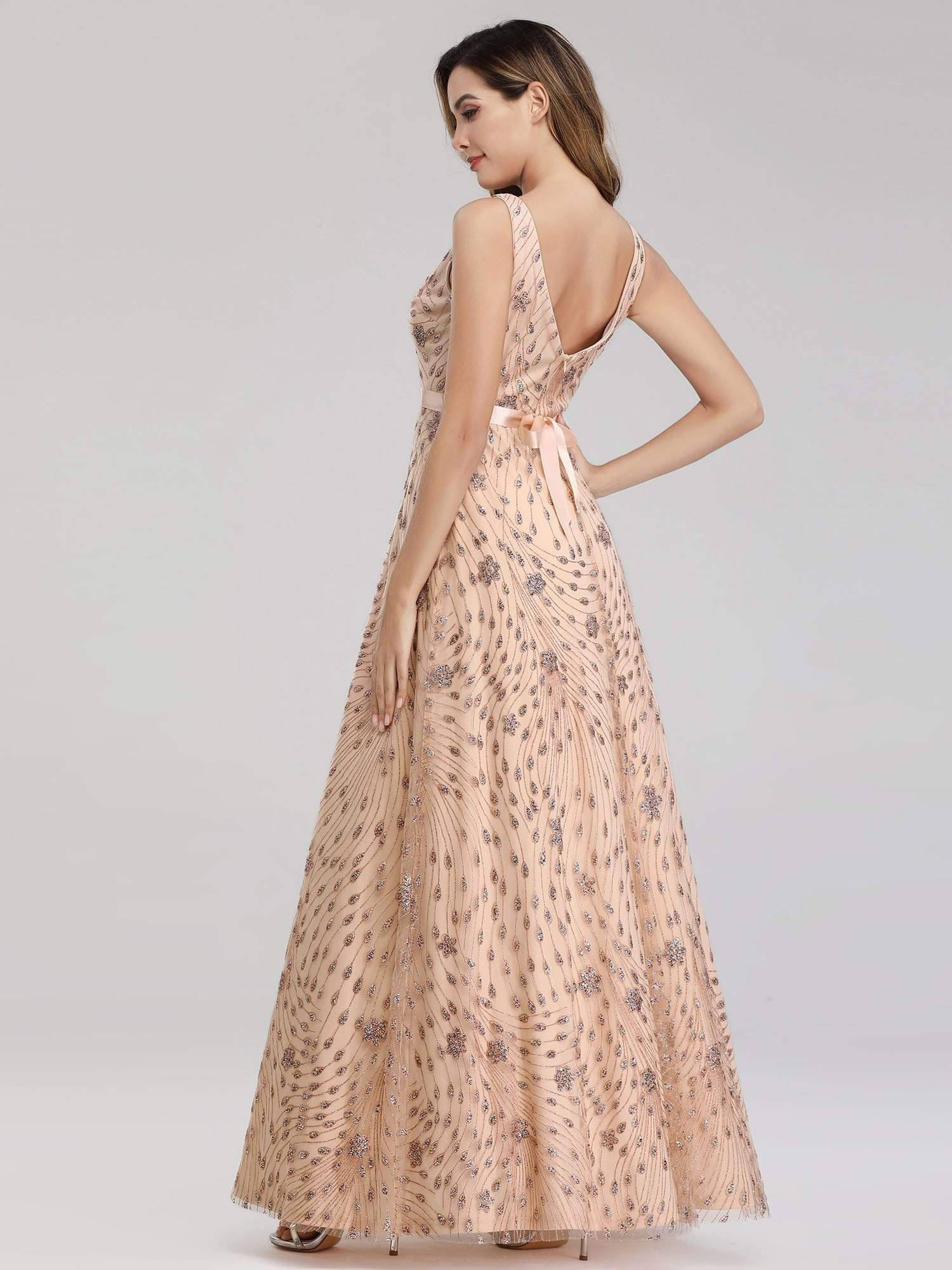 Color=Rose Gold | Women'S V-Neck Sleeveless Sequins Evening Maxi Dress-Rose Gold 2