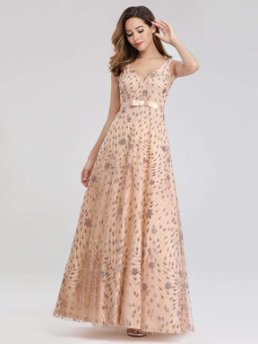 Color=Rose Gold | Women'S V-Neck Sleeveless Sequins Evening Maxi Dress-Rose Gold 3