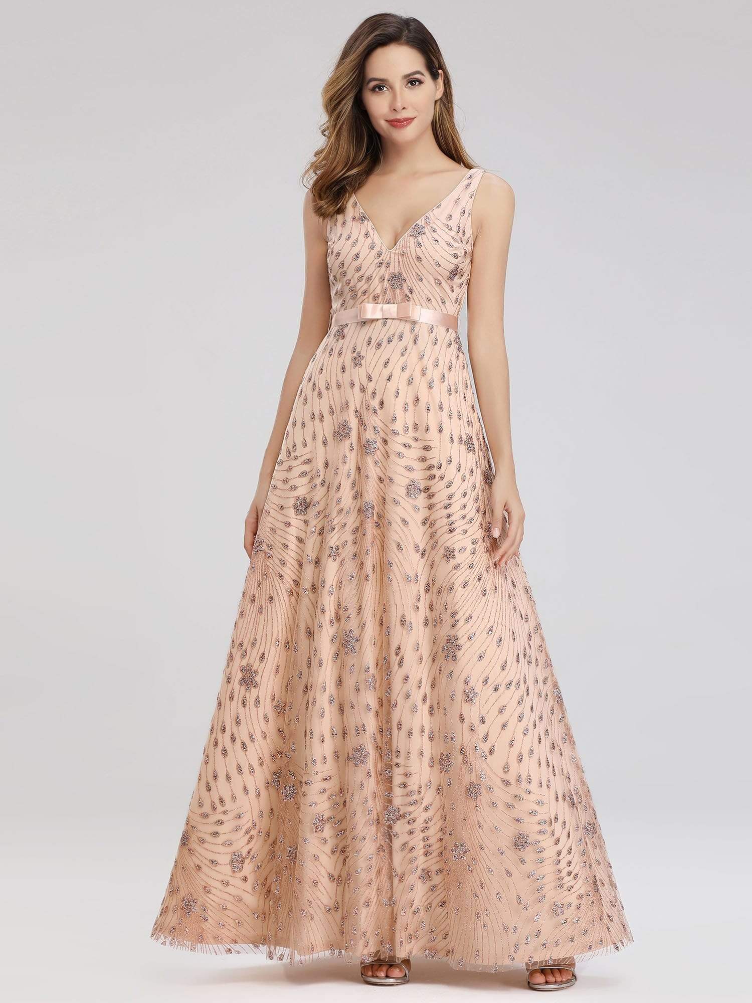 Color=Rose Gold | Women'S V-Neck Sleeveless Sequins Evening Maxi Dress-Rose Gold 4