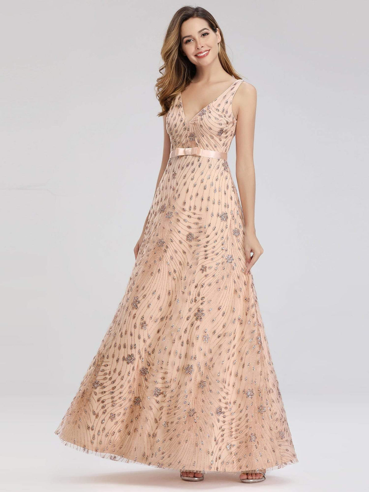 Color=Rose Gold | Women'S V-Neck Sleeveless Sequins Evening Maxi Dress-Rose Gold 1