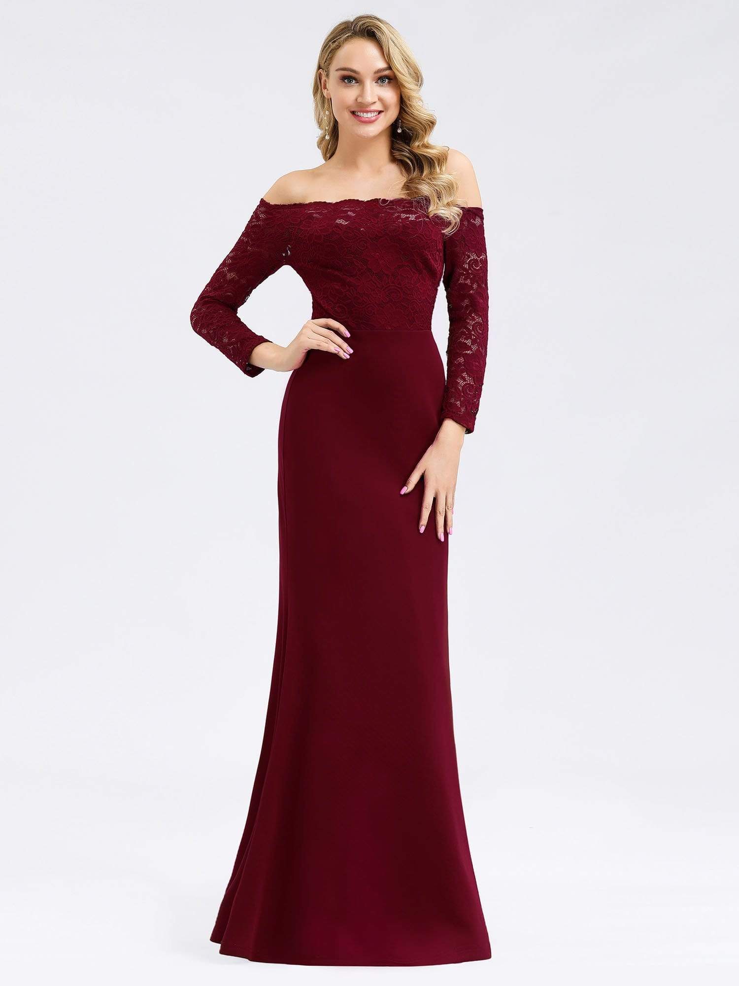 Color=Burgundy | Elegant Off Shoulder Bridesmaid Dress With Lace Sleeves-Burgundy 1