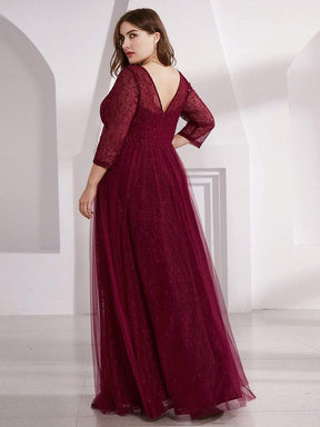 COLOR=Burgundy | Women'S V-Neck 3/4 Sleeve Plus Size Lace Wedding Dress-Burgundy 2