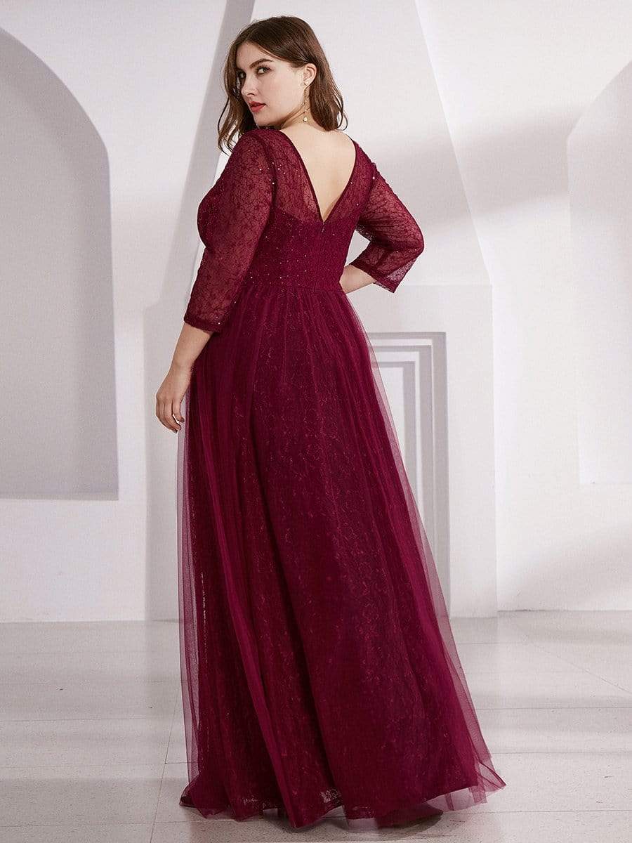 COLOR=Burgundy | Women'S V-Neck 3/4 Sleeve Lace Wedding Dress-Burgundy 12