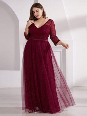 COLOR=Burgundy | Women'S V-Neck 3/4 Sleeve Plus Size Lace Wedding Dress-Burgundy 3