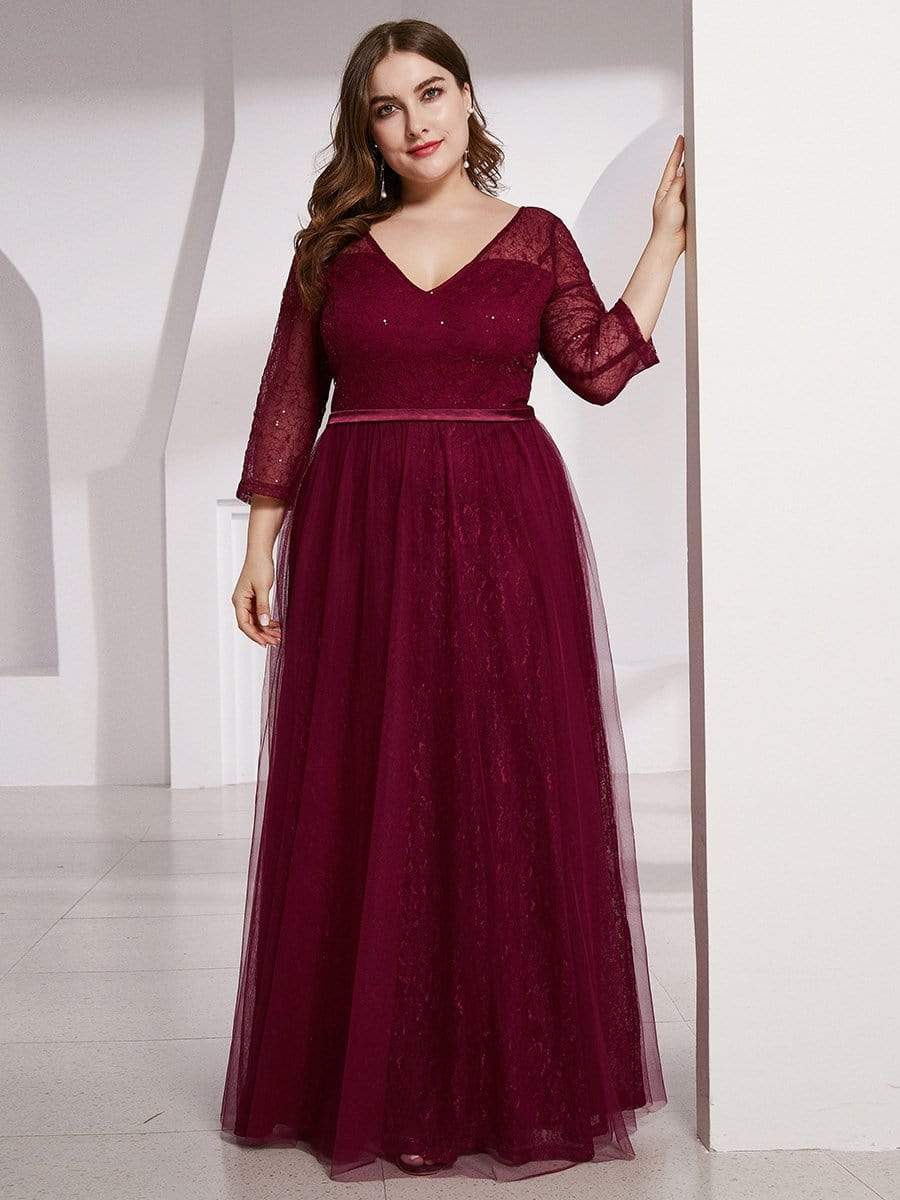 COLOR=Burgundy | Women'S V-Neck 3/4 Sleeve Plus Size Lace Wedding Dress-Burgundy 4