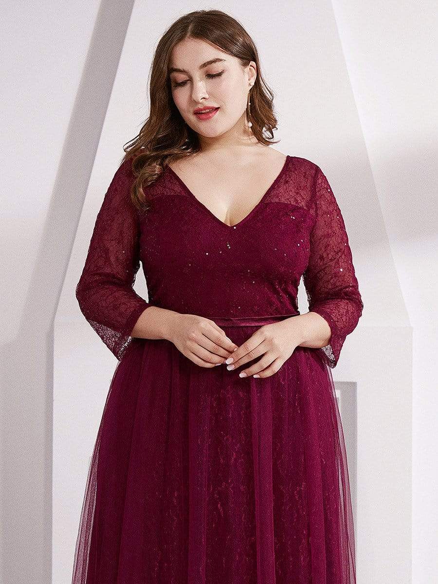 COLOR=Burgundy | Women'S V-Neck 3/4 Sleeve Plus Size Lace Wedding Dress-Burgundy 5