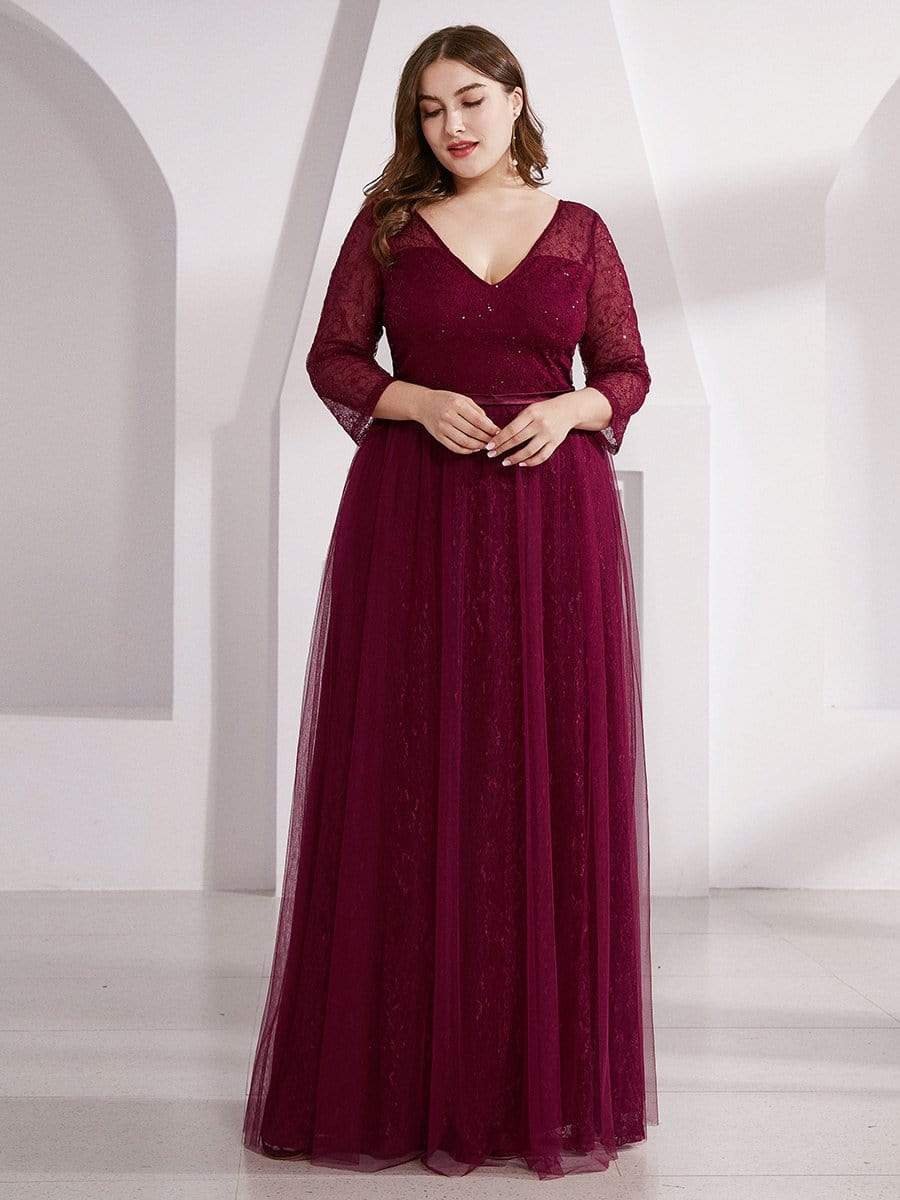 COLOR=Burgundy | Women'S V-Neck 3/4 Sleeve Plus Size Lace Wedding Dress-Burgundy 1