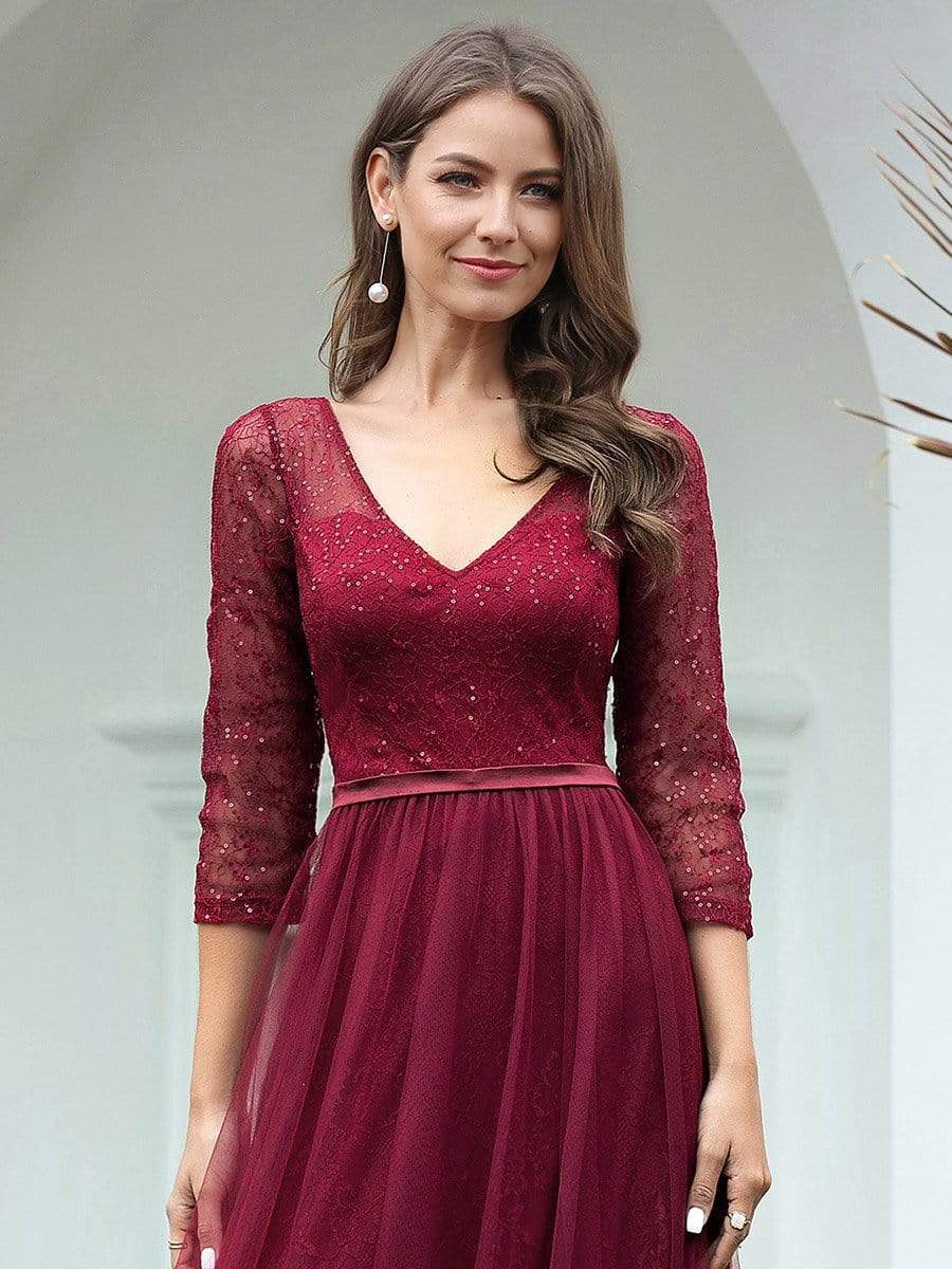 COLOR=Burgundy | Women'S V-Neck 3/4 Sleeve Lace Wedding Dress-Burgundy 5