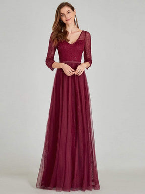 COLOR=Burgundy | Women'S V-Neck 3/4 Sleeve Lace Wedding Dress-Burgundy 6