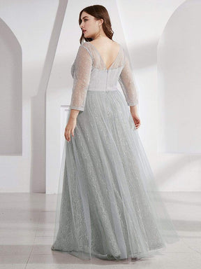 COLOR=Grey | Women'S V-Neck 3/4 Sleeve Lace Wedding Dress-Grey 7