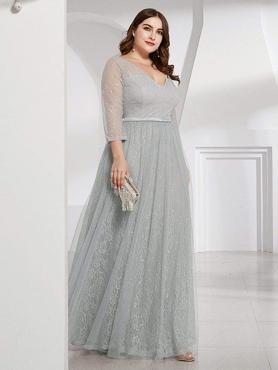COLOR=Grey | Women'S V-Neck 3/4 Sleeve Plus Size Lace Wedding Dress-Grey 3