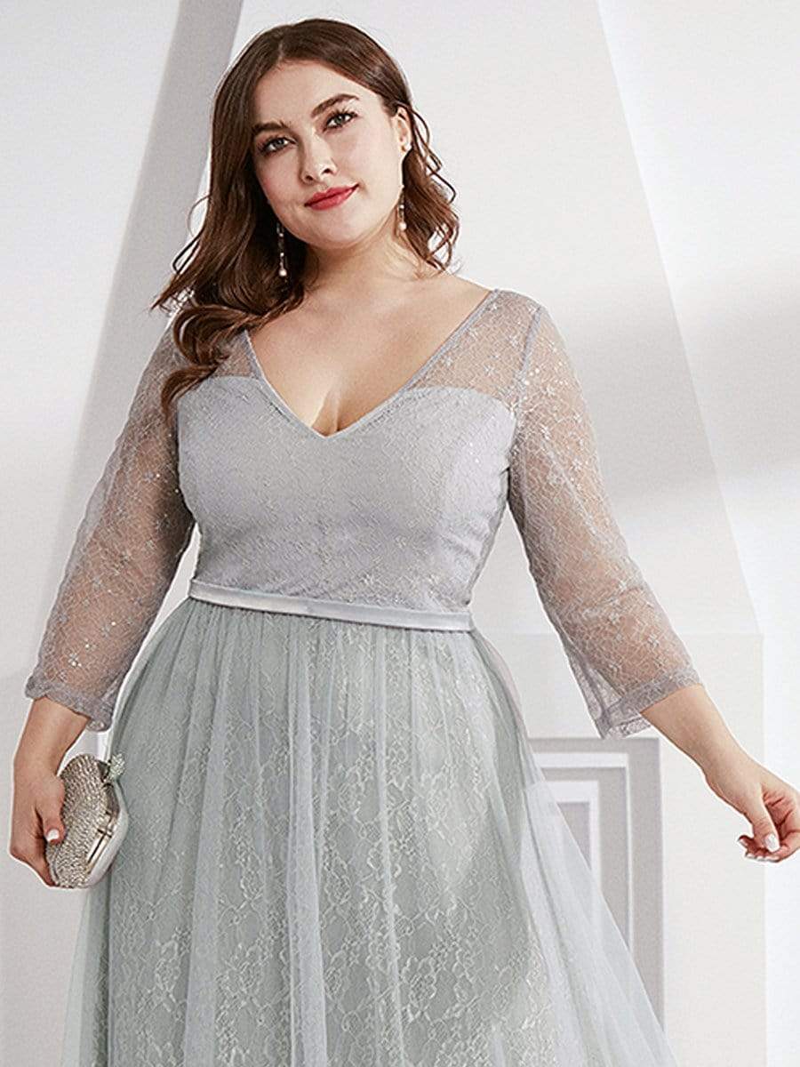 COLOR=Grey | Women'S V-Neck 3/4 Sleeve Plus Size Lace Wedding Dress-Grey 5