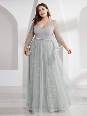 COLOR=Grey | Women'S V-Neck 3/4 Sleeve Lace Wedding Dress-Grey 6