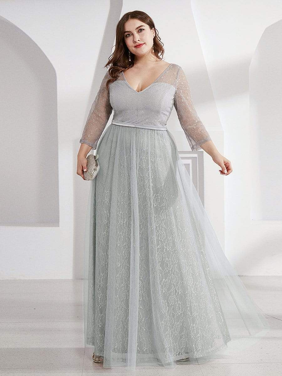 COLOR=Grey | Women'S V-Neck 3/4 Sleeve Plus Size Lace Wedding Dress-Grey 1