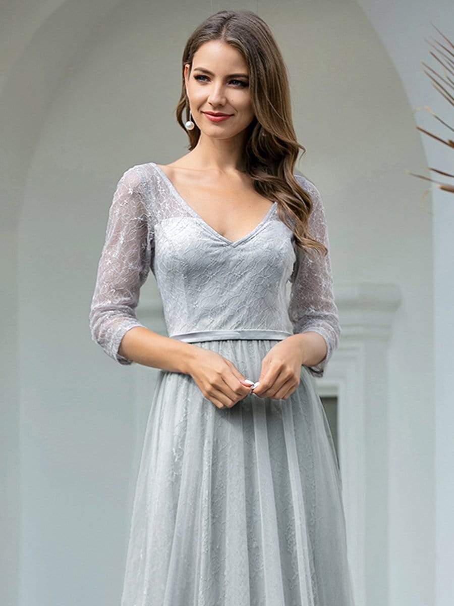 COLOR=Grey | Women'S V-Neck 3/4 Sleeve Lace Wedding Dress-Grey 5