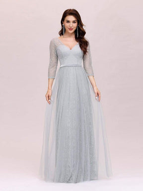 COLOR=Grey | Women'S V-Neck 3/4 Sleeve Lace Wedding Dress-Grey 3