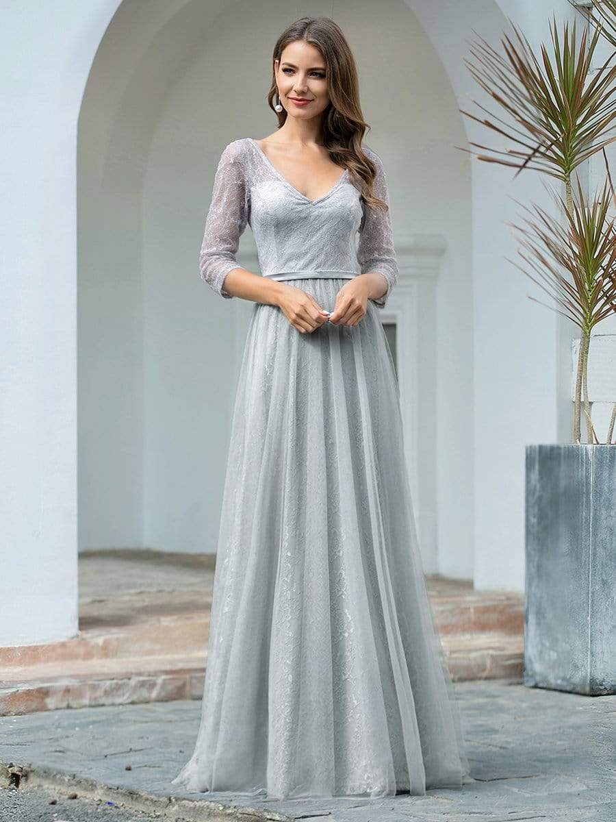 COLOR=Grey | Women'S V-Neck 3/4 Sleeve Lace Wedding Dress-Grey 1