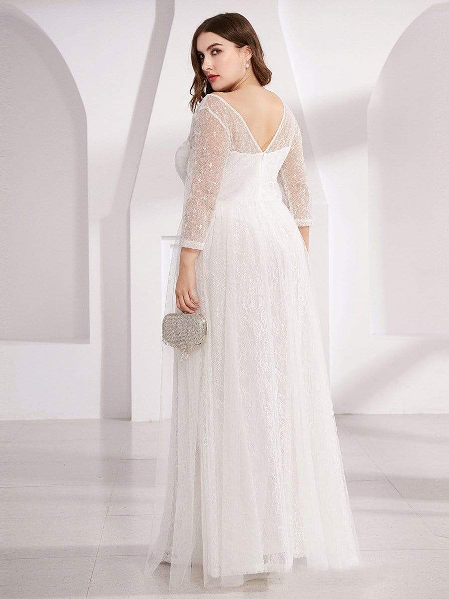 COLOR=White | Women'S V-Neck 3/4 Sleeve Plus Size Lace Wedding Dress-White 2