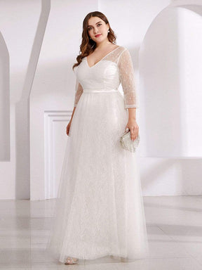 COLOR=White | Women'S V-Neck 3/4 Sleeve Plus Size Lace Wedding Dress-White 3