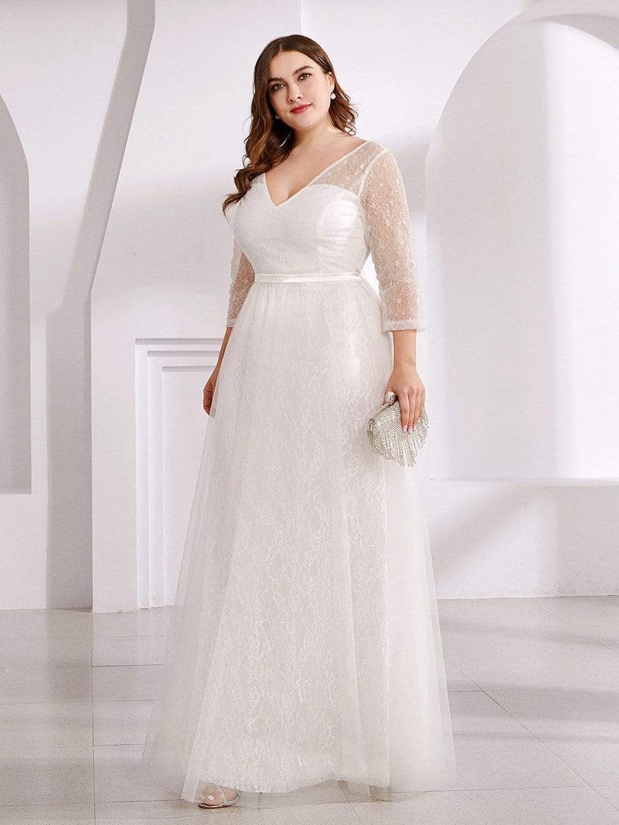 COLOR=White | Women'S V-Neck 3/4 Sleeve Plus Size Lace Wedding Dress-White 3