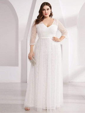 COLOR=White | Women'S V-Neck 3/4 Sleeve Plus Size Lace Wedding Dress-White 4