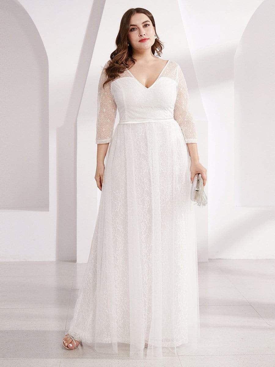 COLOR=White | Women'S V-Neck 3/4 Sleeve Plus Size Lace Wedding Dress-White 1