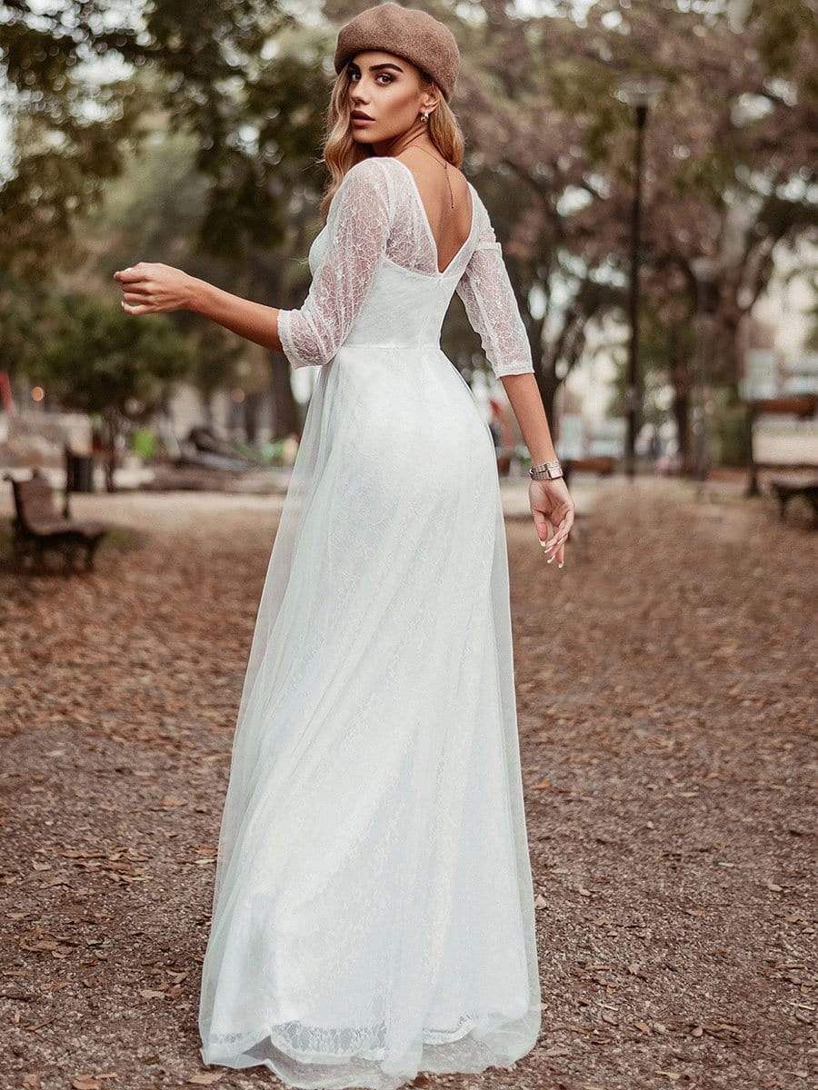 COLOR=White | Women'S V-Neck 3/4 Sleeve Lace Wedding Dress-White 5