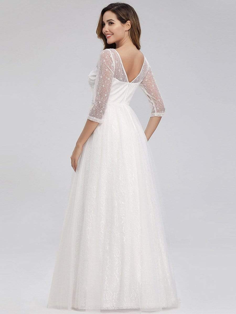 COLOR=White | Women'S V-Neck 3/4 Sleeve Lace Wedding Dress-White 8