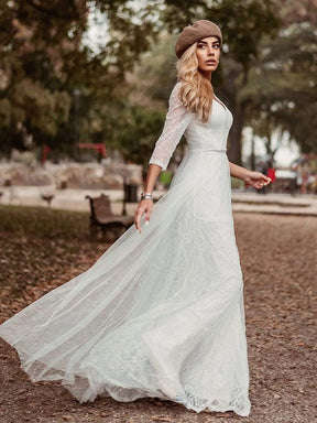 COLOR=White | Women'S V-Neck 3/4 Sleeve Lace Wedding Dress-White 1