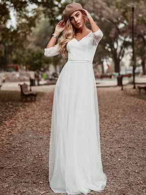 COLOR=White | Women'S V-Neck 3/4 Sleeve Lace Wedding Dress-White 2