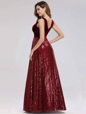 Color=Burgundy | Women'S V-Neck Sequins Patchwork Evening Party Maxi Dress-Burgundy 4