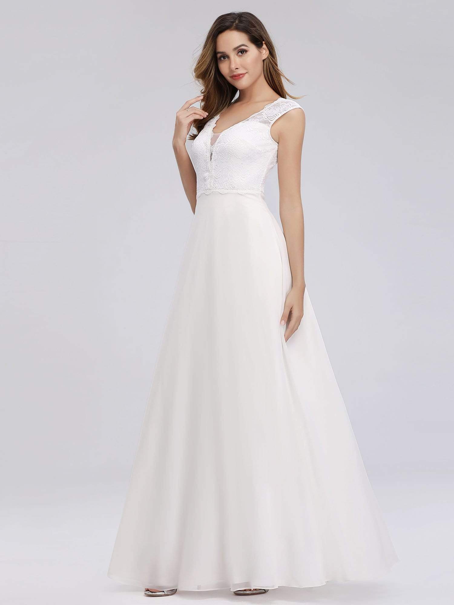 Color=White | V Neck Floor Length Lace Wedding Dress-White 3