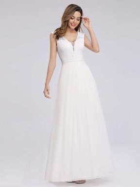Color=White | V Neck Floor Length Lace Wedding Dress-White 4