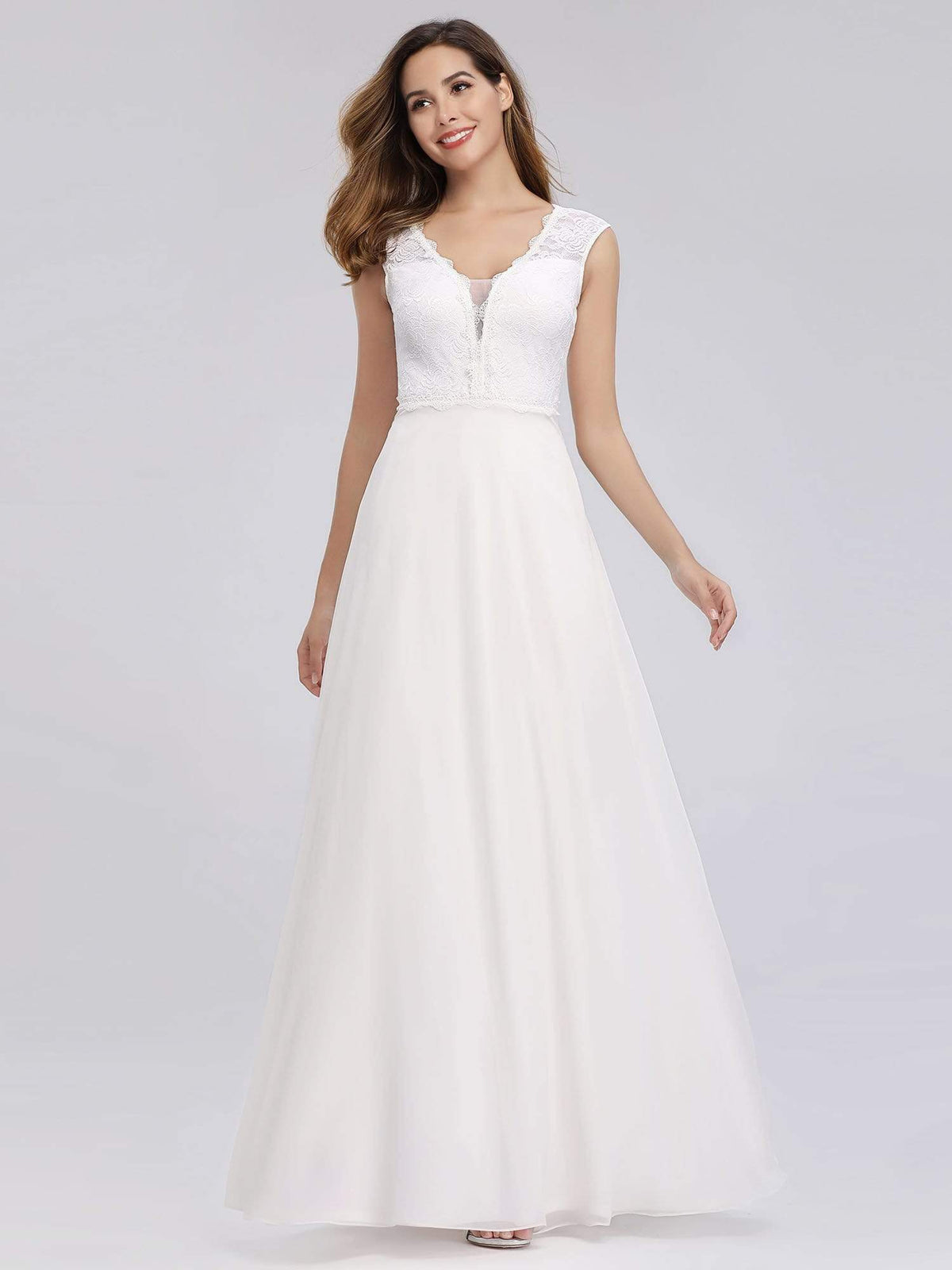 Color=White | V Neck Floor Length Lace Wedding Dress-White 1