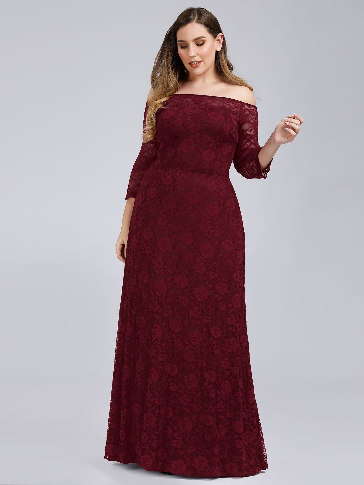 Color=Burgundy | Women'S Off The Shoulder Floral Lace Bridesmaid Dress Plus Size-Burgundy 3