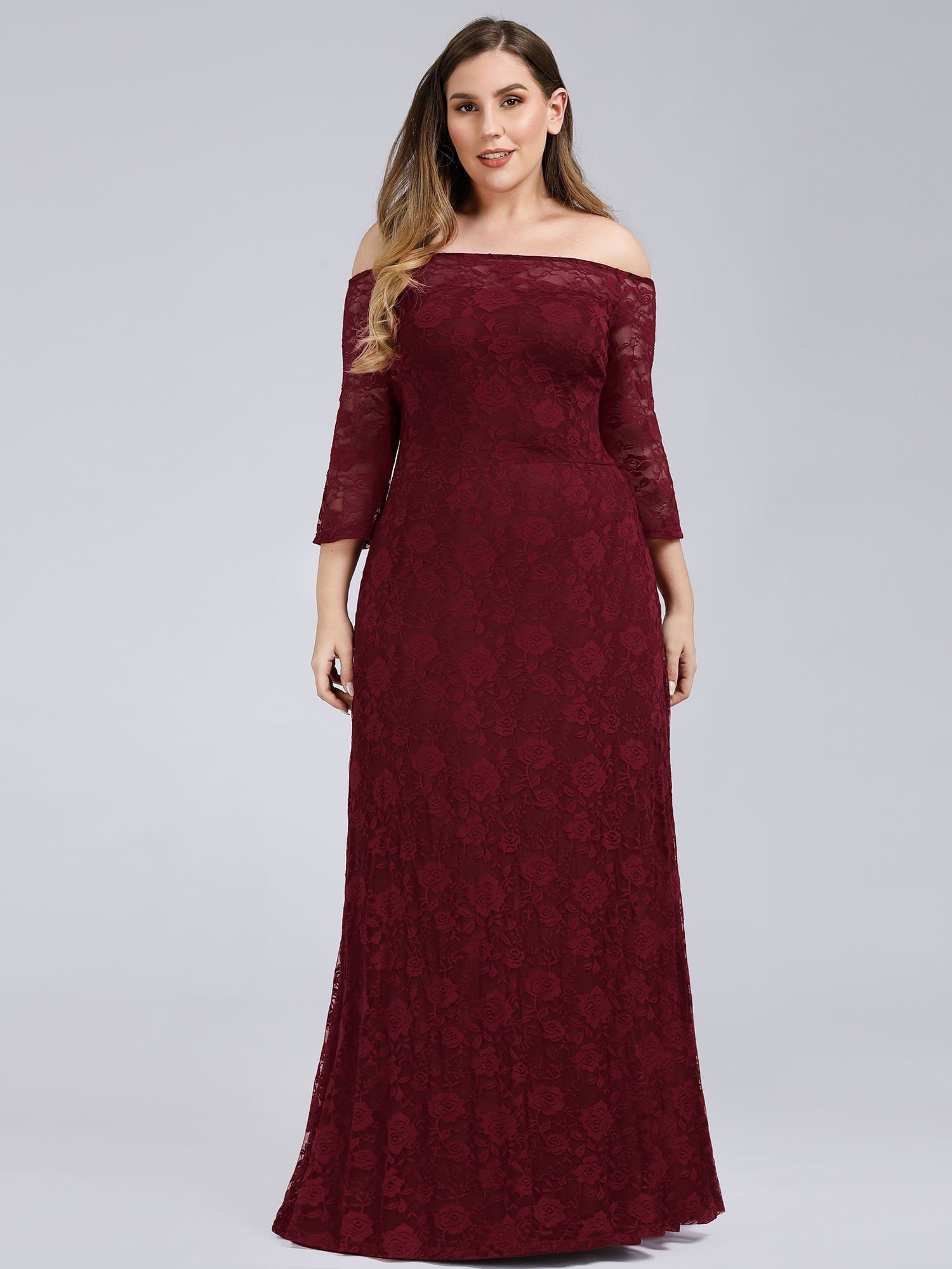 Color=Burgundy | Women'S Off The Shoulder Floral Lace Bridesmaid Dress Plus Size-Burgundy 4