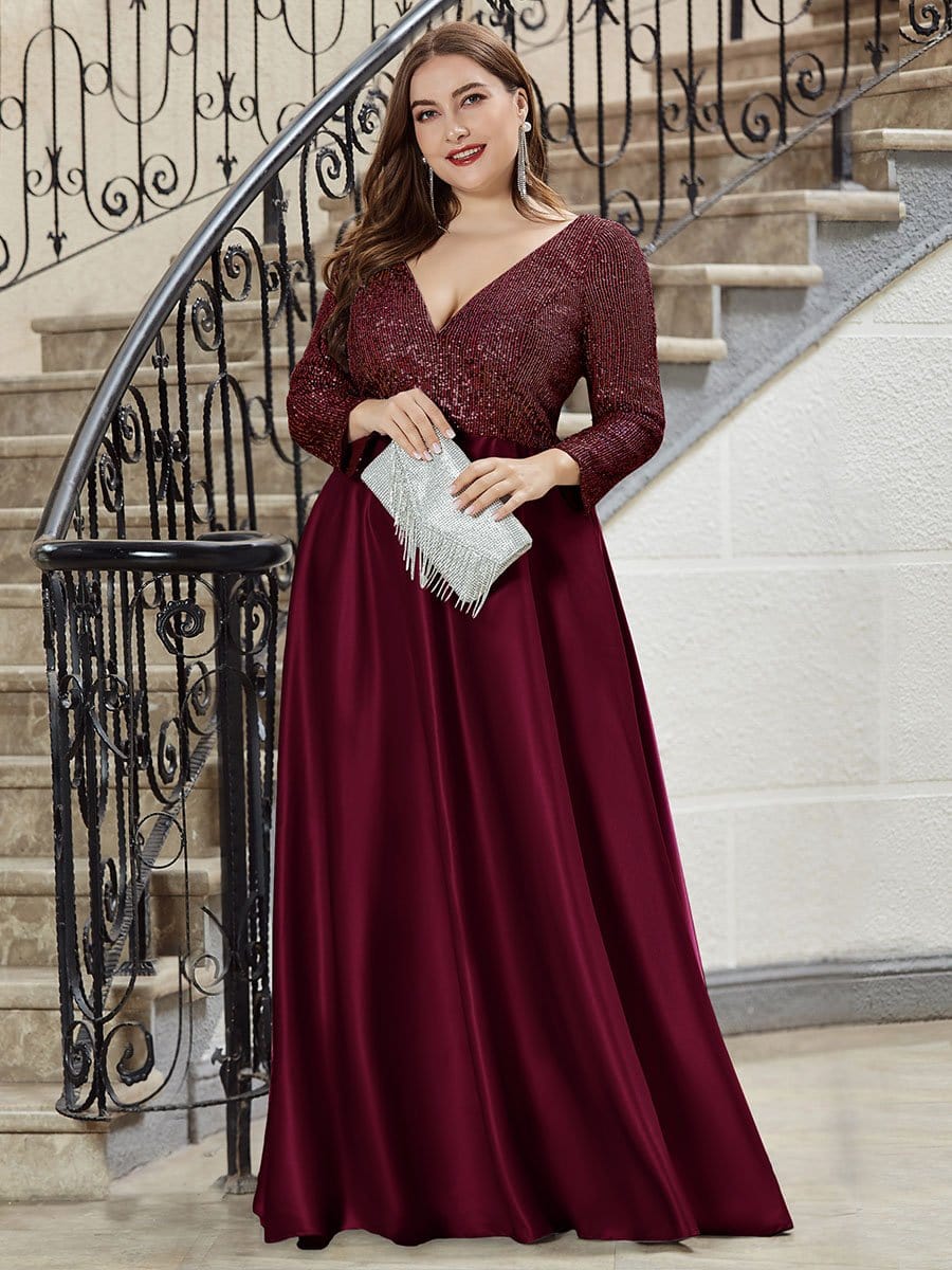 Color=Burgundy | Elegant V-Neck Sequin Plus Size Evening Dress-Burgundy 3