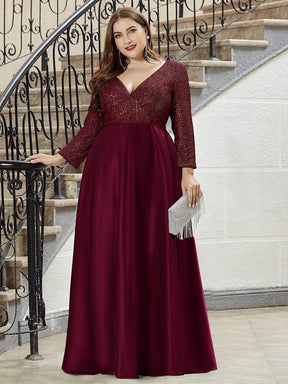 Color=Burgundy | Elegant V-Neck Sequin Plus Size Evening Dress-Burgundy 4