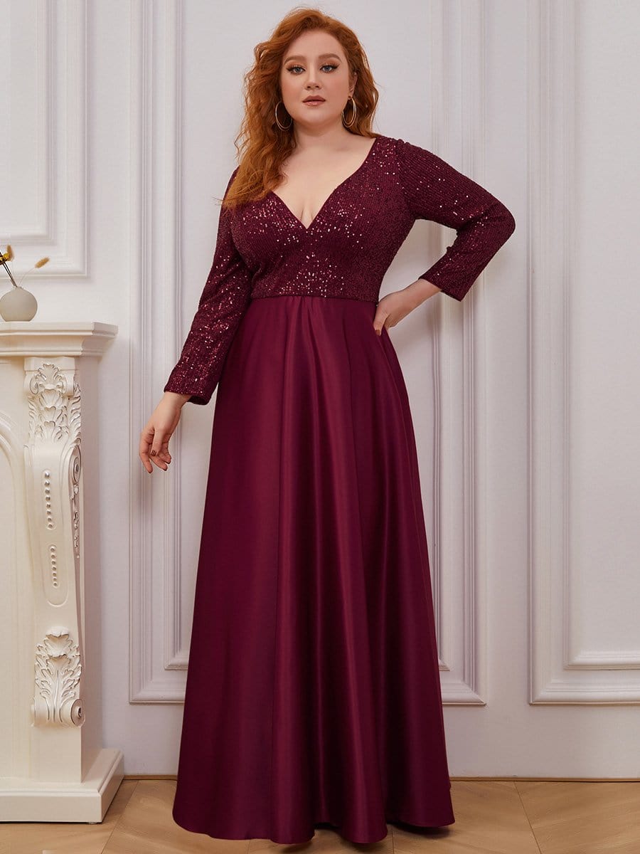 Color=Burgundy | Elegant V-Neck Sequin Plus Size Evening Dress-Burgundy 1