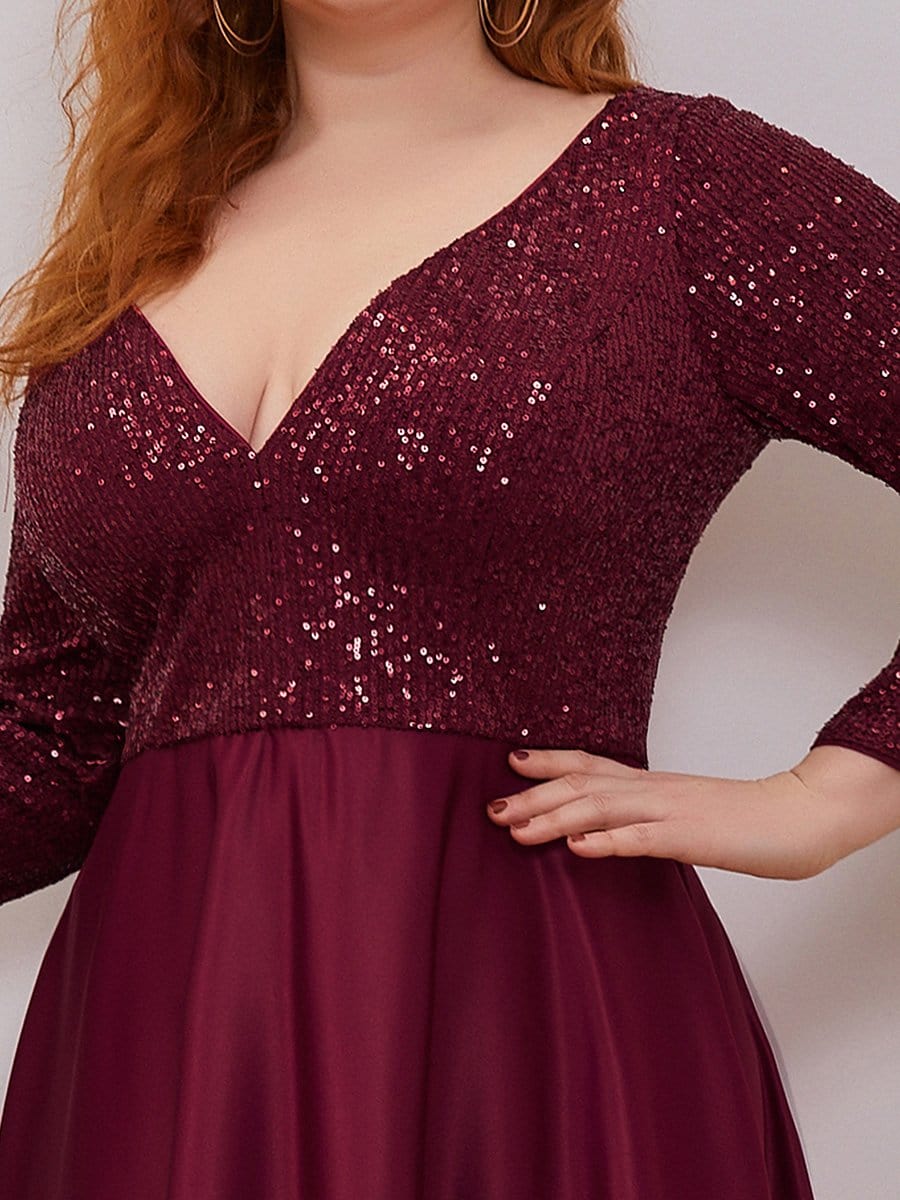 Color=Burgundy | Elegant V-Neck Sequin Plus Size Evening Dress-Burgundy 5