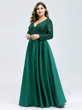 Color=Dark Green | Elegant V-Neck Sequin Plus Size Evening Dress-Dark Green 3