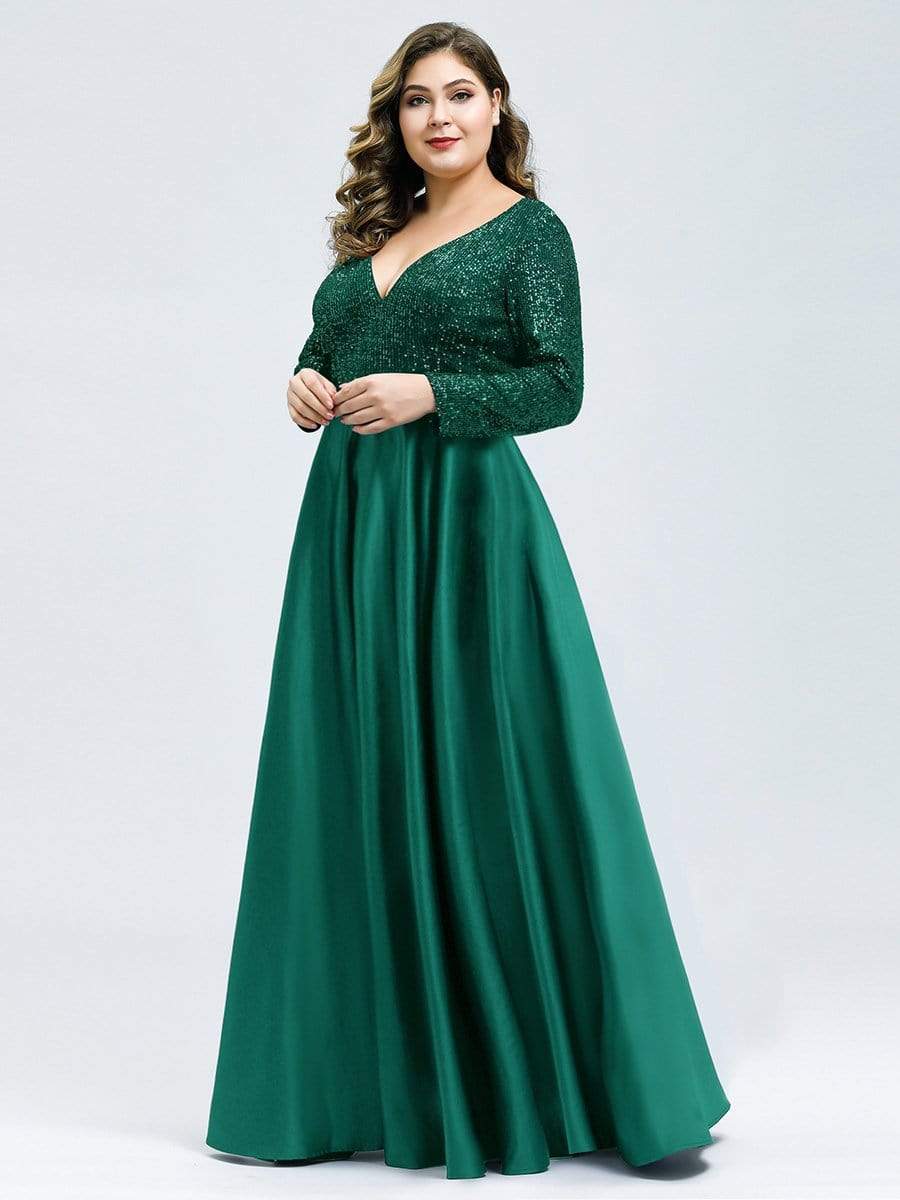 Color=Dark Green | Elegant V-Neck Sequin Plus Size Evening Dress-Dark Green 3