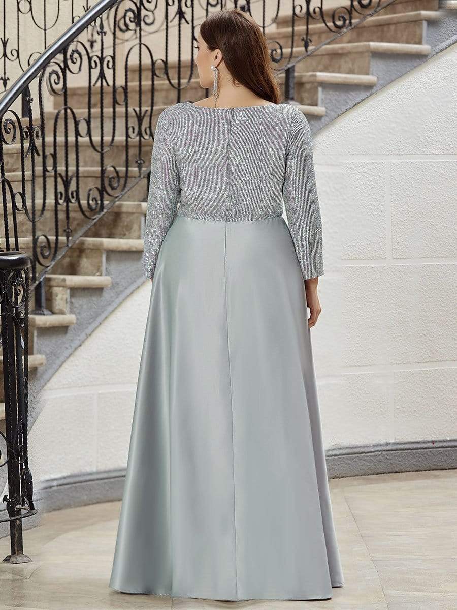 Color=Grey | Elegant V-Neck Sequin Plus Size Evening Dress-Grey 2