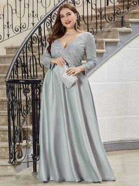 Color=Grey | Elegant V-Neck Sequin Plus Size Evening Dress-Grey 3